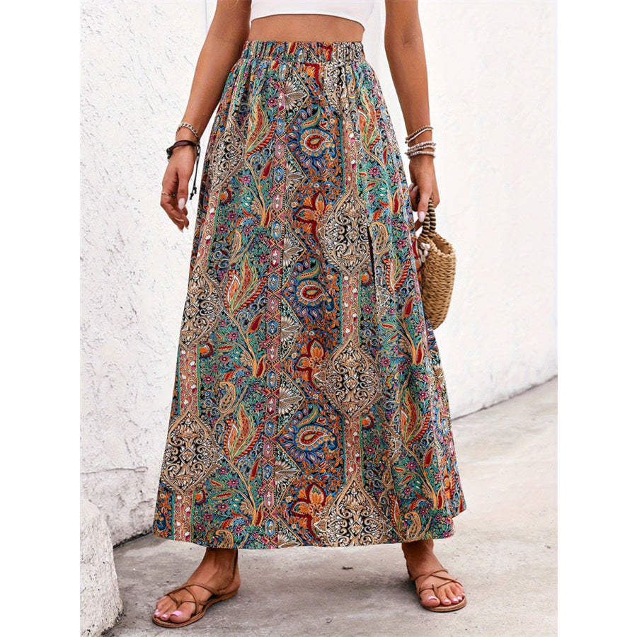 Slit Printed Elastic Waist Skirt Apparel and Accessories