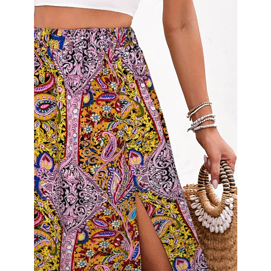 Slit Printed Elastic Waist Skirt Apparel and Accessories