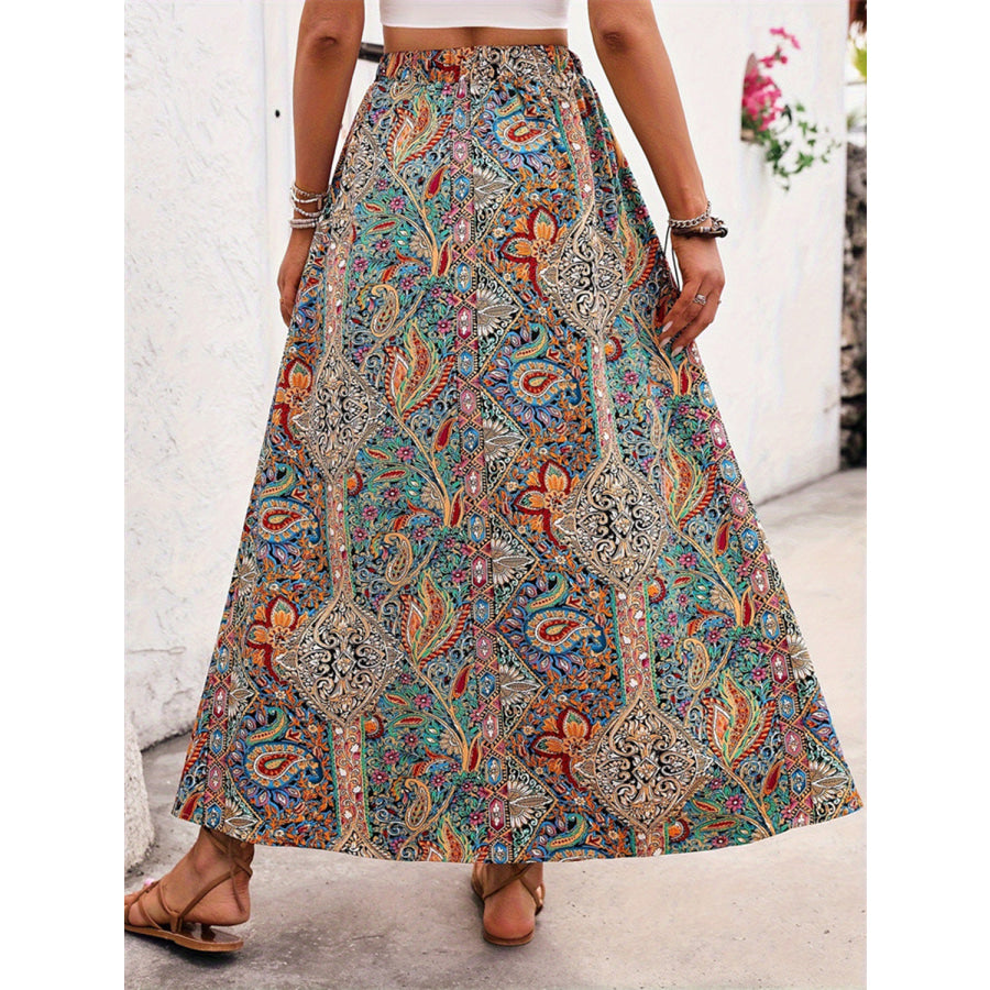 Slit Printed Elastic Waist Skirt Apparel and Accessories