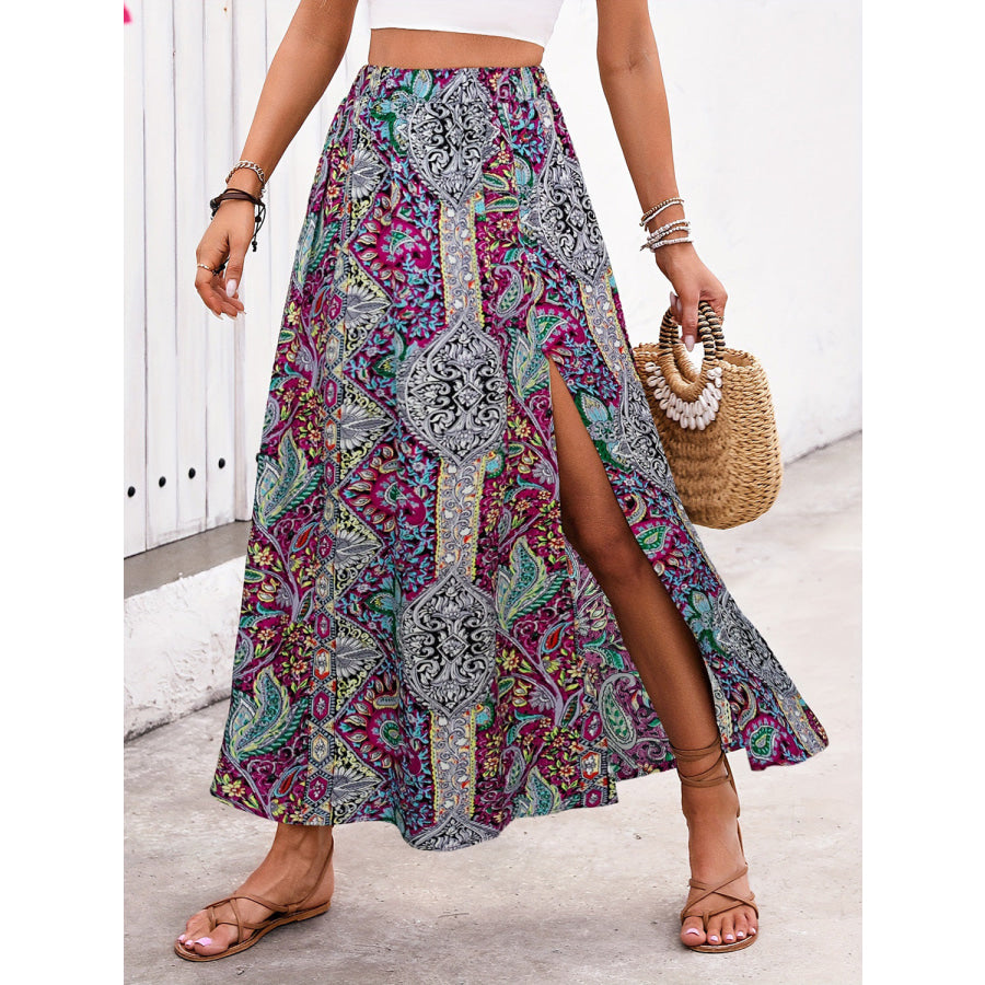 Slit Printed Elastic Waist Skirt Deep Purple / S Apparel and Accessories