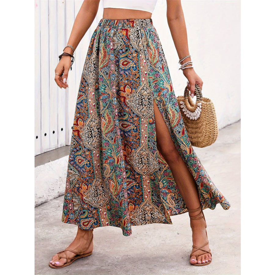 Slit Printed Elastic Waist Skirt Styl A / S Apparel and Accessories