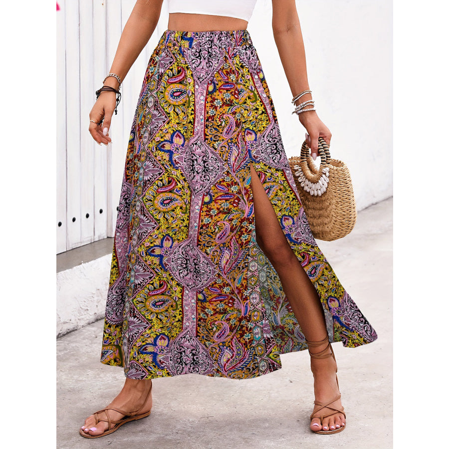 Slit Printed Elastic Waist Skirt Yellow-Green / S Apparel and Accessories