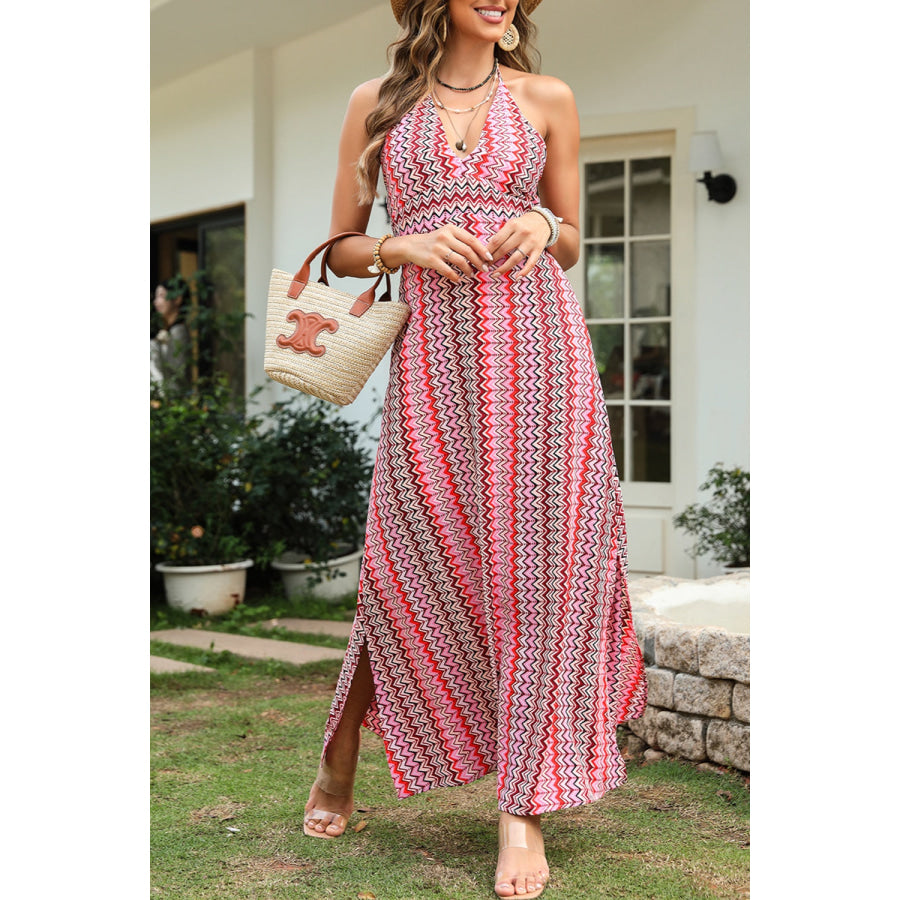 Slit Printed Halter Neck Dress Deep Rose / S Apparel and Accessories