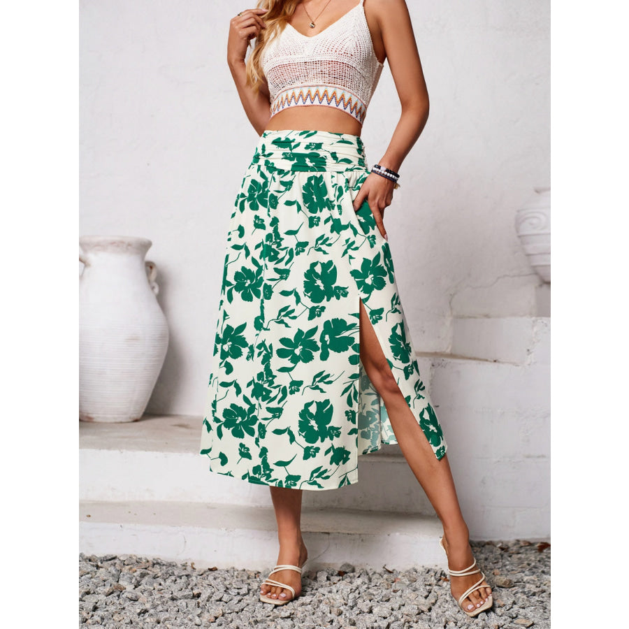 Slit Printed Midi Skirt Mid Green / S Apparel and Accessories