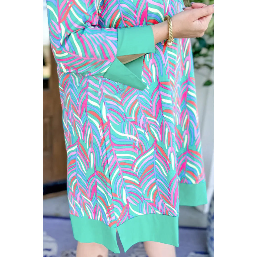 Slit Printed Notched Three-Quarter Sleeve Mini Dress Turquoise / S Apparel and Accessories