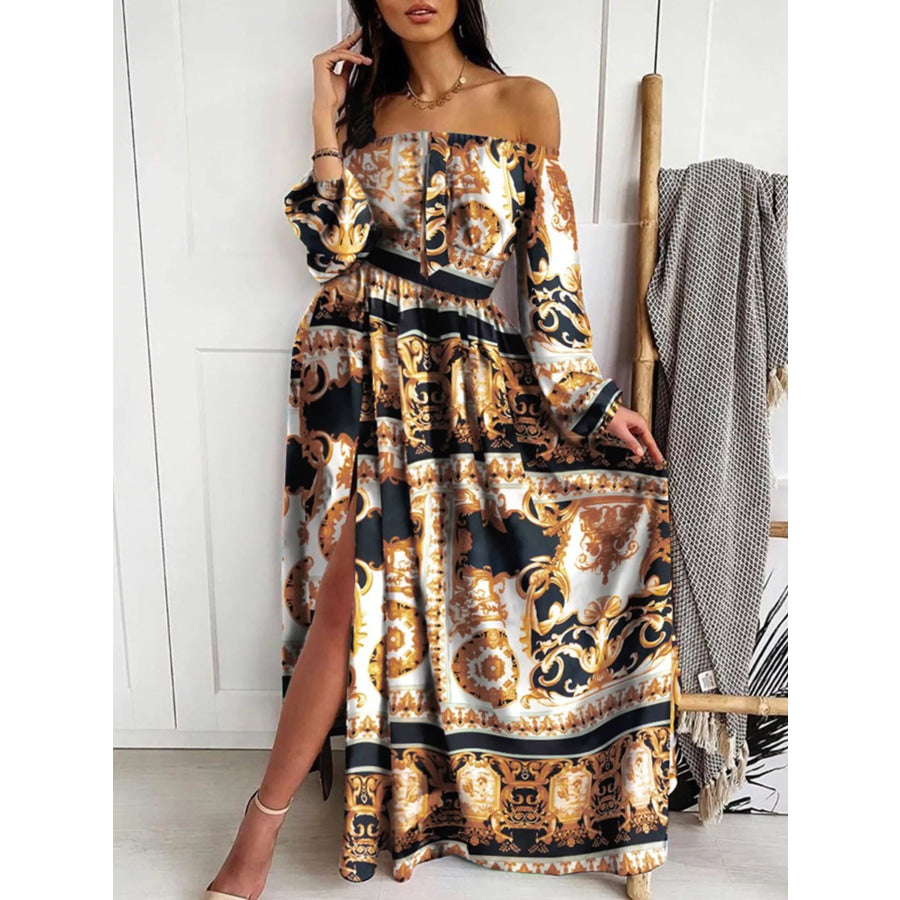 Slit Printed Off Shoulder Maxi Dress Apparel and Accessories
