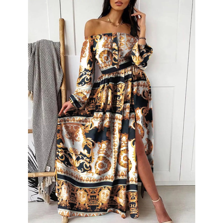 Slit Printed Off Shoulder Maxi Dress Gold Black / S Apparel and Accessories
