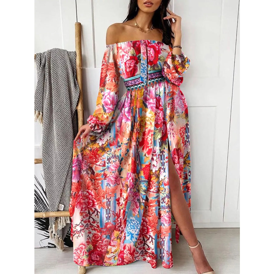 Slit Printed Off Shoulder Maxi Dress Pink / S Apparel and Accessories