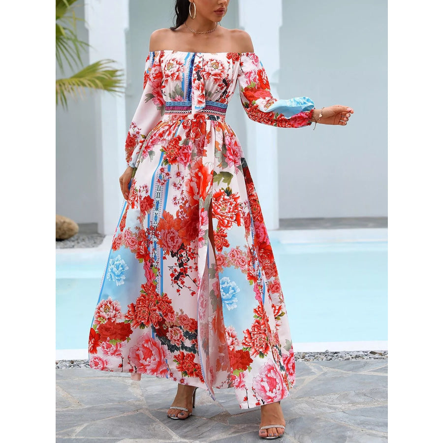 Slit Printed Off Shoulder Maxi Dress Red / S Apparel and Accessories