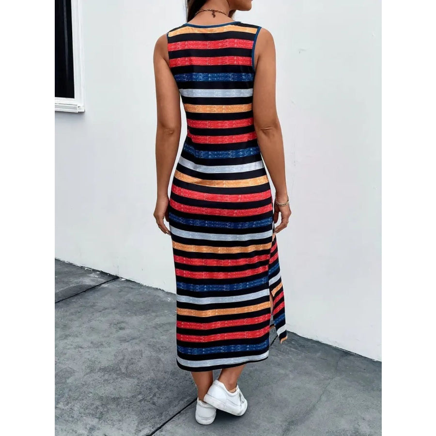 Slit Printed Round Neck Sleeveless Dress Apparel and Accessories