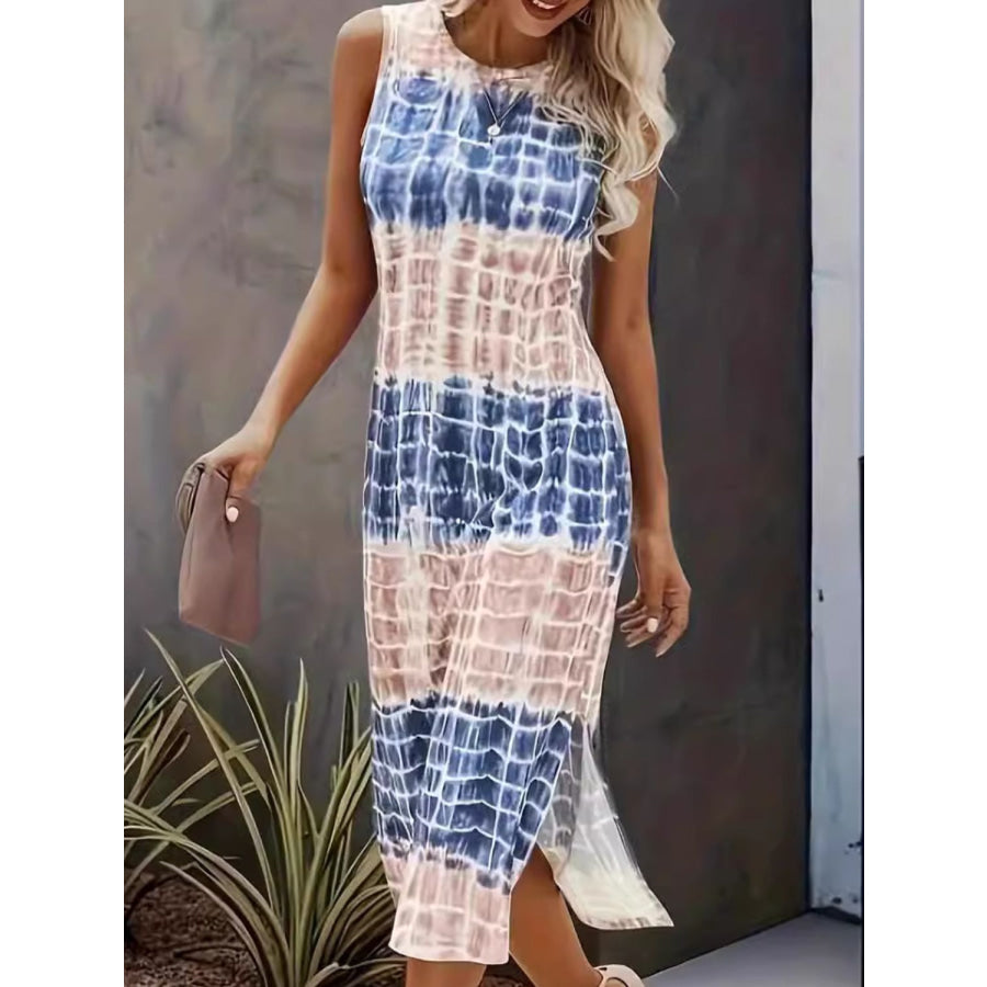 Slit Printed Round Neck Sleeveless Dress Apparel and Accessories