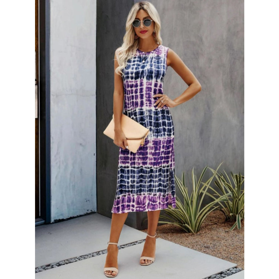 Slit Printed Round Neck Sleeveless Dress Apparel and Accessories