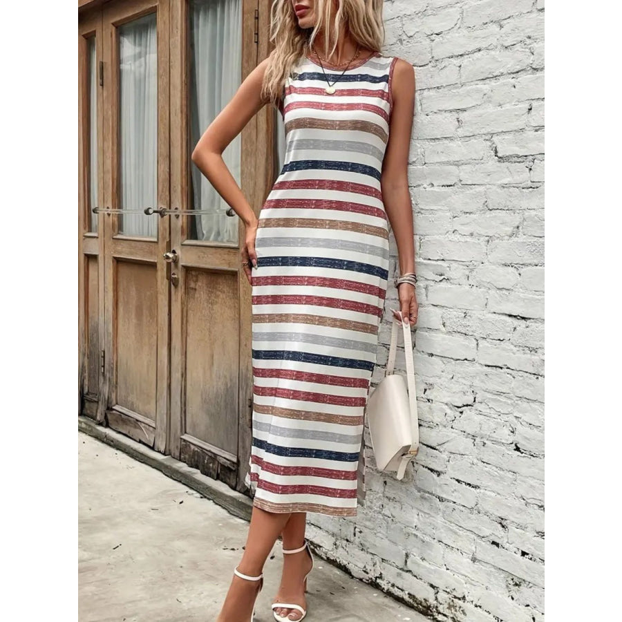 Slit Printed Round Neck Sleeveless Dress Apparel and Accessories