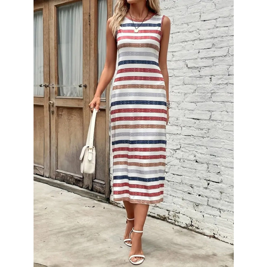 Slit Printed Round Neck Sleeveless Dress Apparel and Accessories