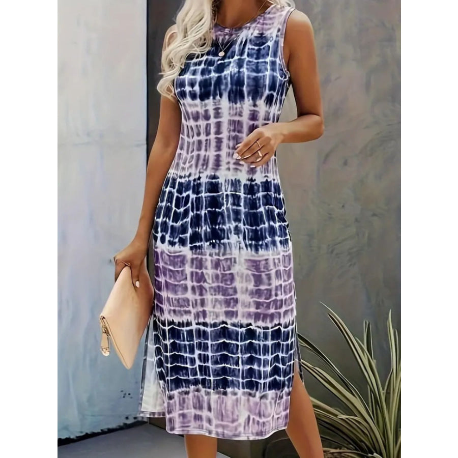 Slit Printed Round Neck Sleeveless Dress Apparel and Accessories