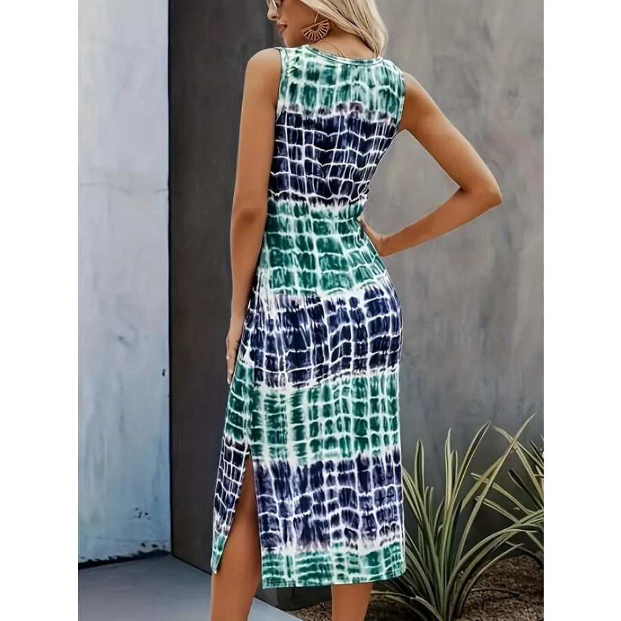 Slit Printed Round Neck Sleeveless Dress Apparel and Accessories