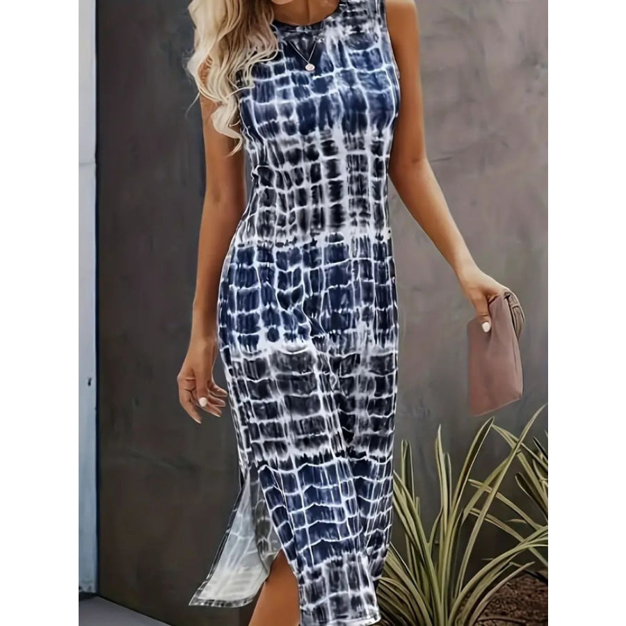 Slit Printed Round Neck Sleeveless Dress Apparel and Accessories