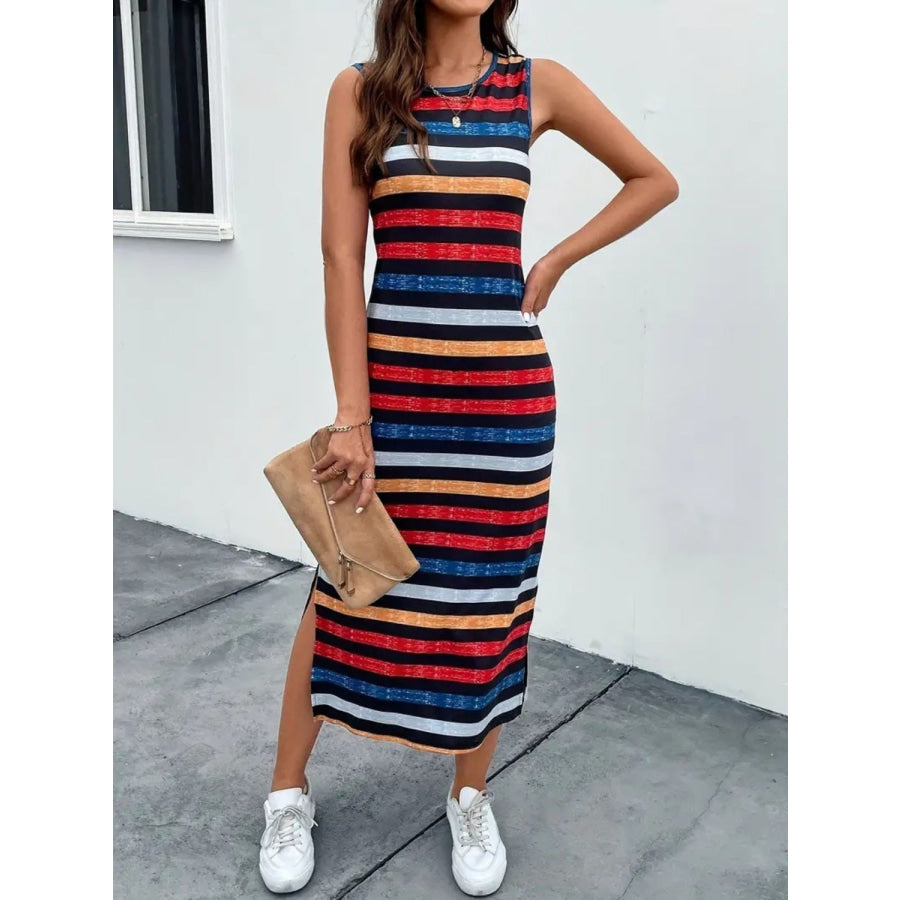 Slit Printed Round Neck Sleeveless Dress Apparel and Accessories