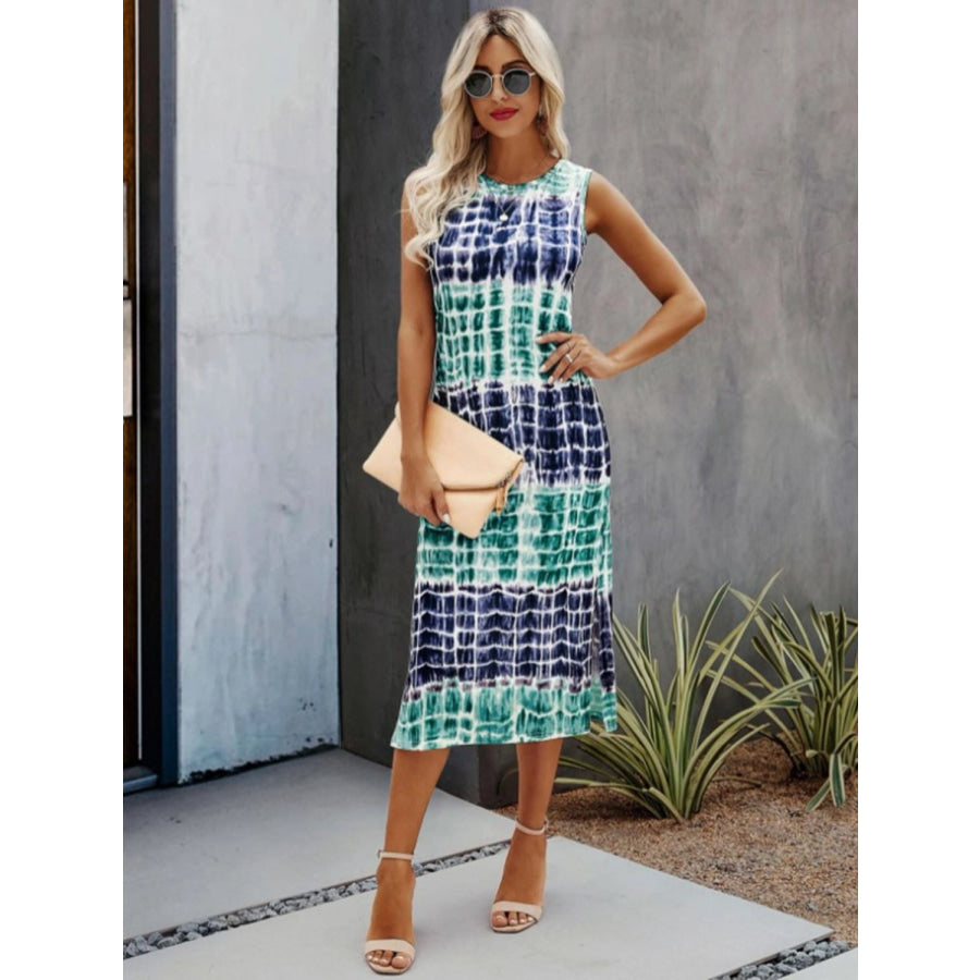 Slit Printed Round Neck Sleeveless Dress Apparel and Accessories