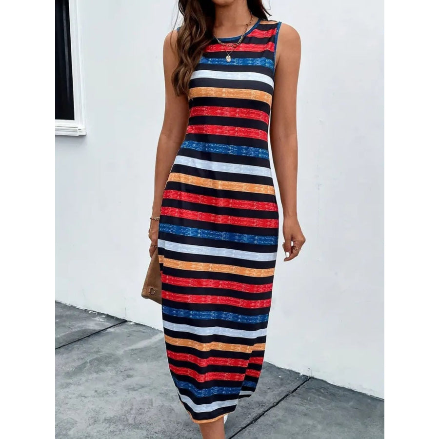 Slit Printed Round Neck Sleeveless Dress Apparel and Accessories