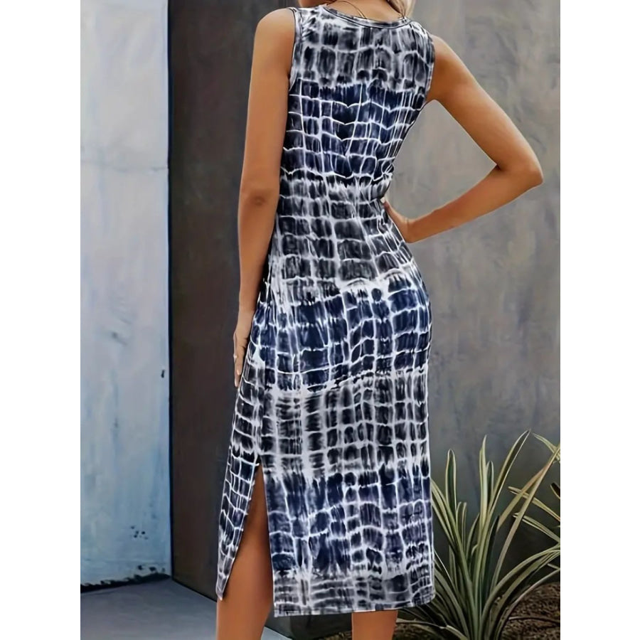 Slit Printed Round Neck Sleeveless Dress Apparel and Accessories