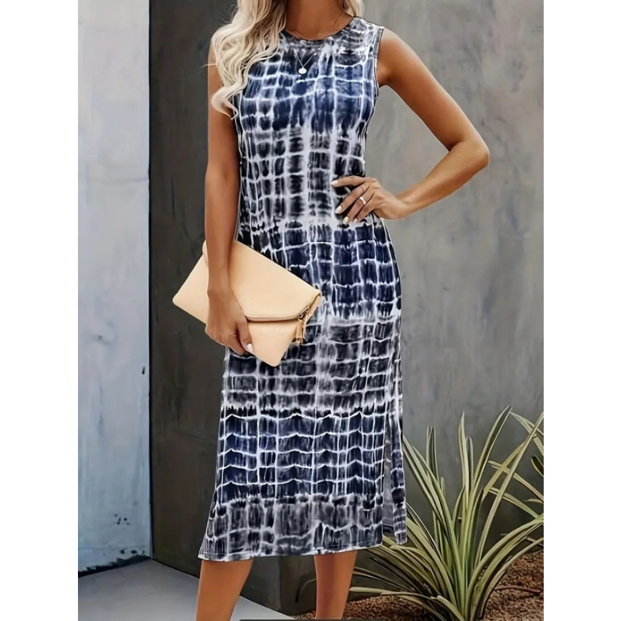 Slit Printed Round Neck Sleeveless Dress Apparel and Accessories