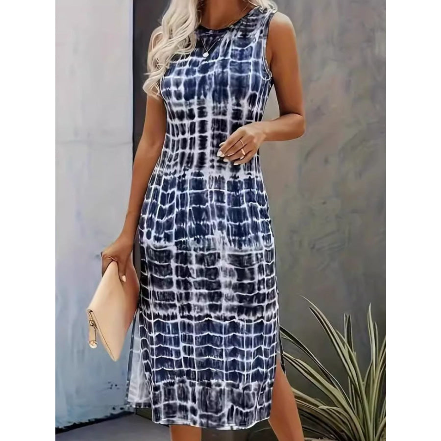 Slit Printed Round Neck Sleeveless Dress Dark Blue / S Apparel and Accessories