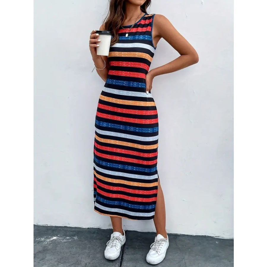 Slit Printed Round Neck Sleeveless Dress Orange-Red / S Apparel and Accessories