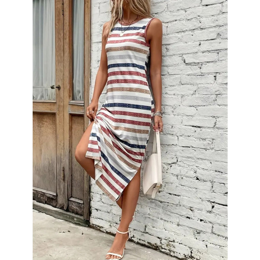 Slit Printed Round Neck Sleeveless Dress Terracotta / S Apparel and Accessories