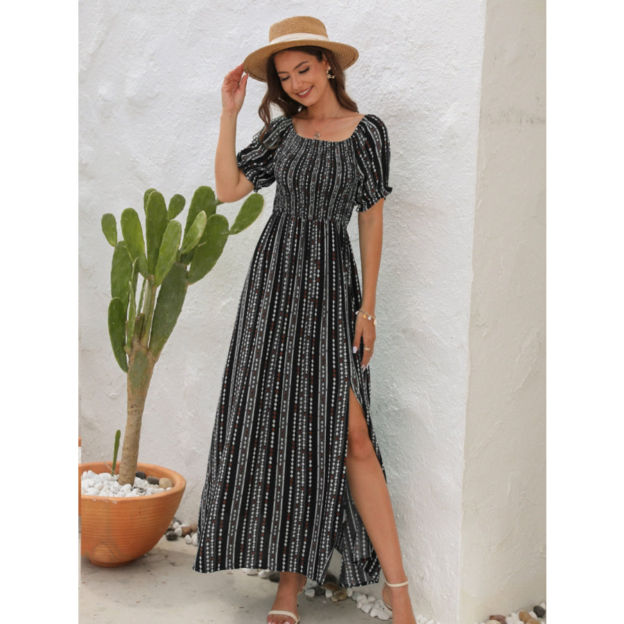 Slit Printed Short Sleeve Dress Apparel and Accessories