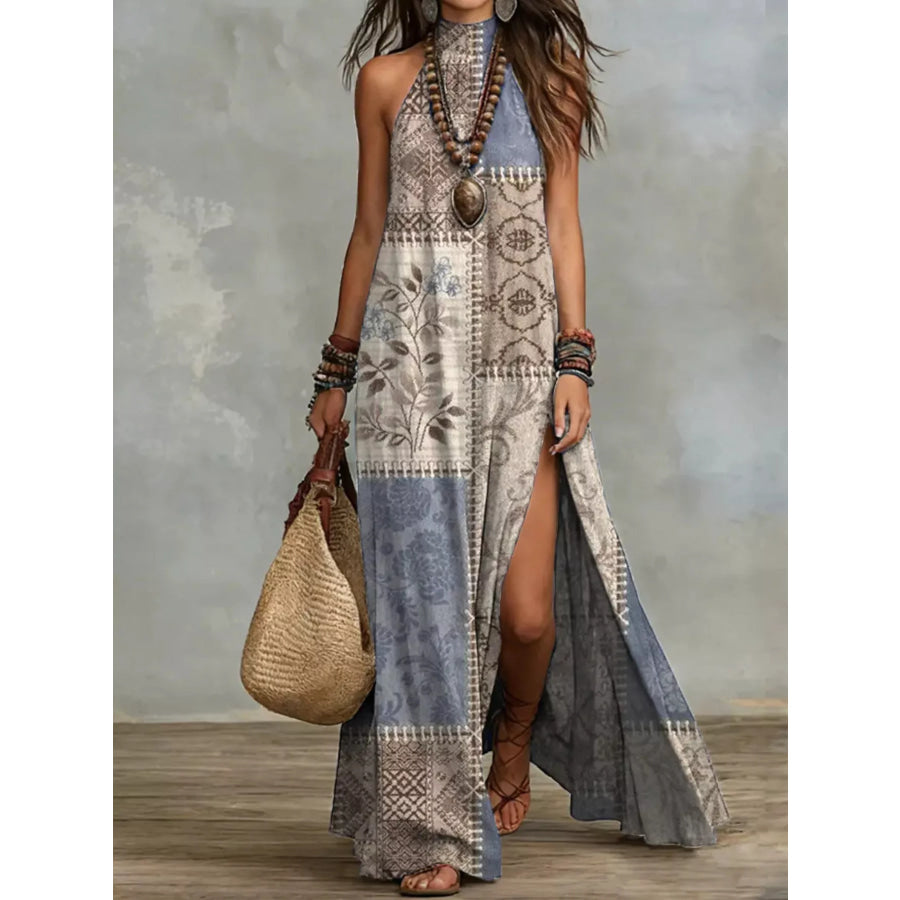 Slit Printed Sleeveless Maxi Dress Dusty Blue / S Apparel and Accessories