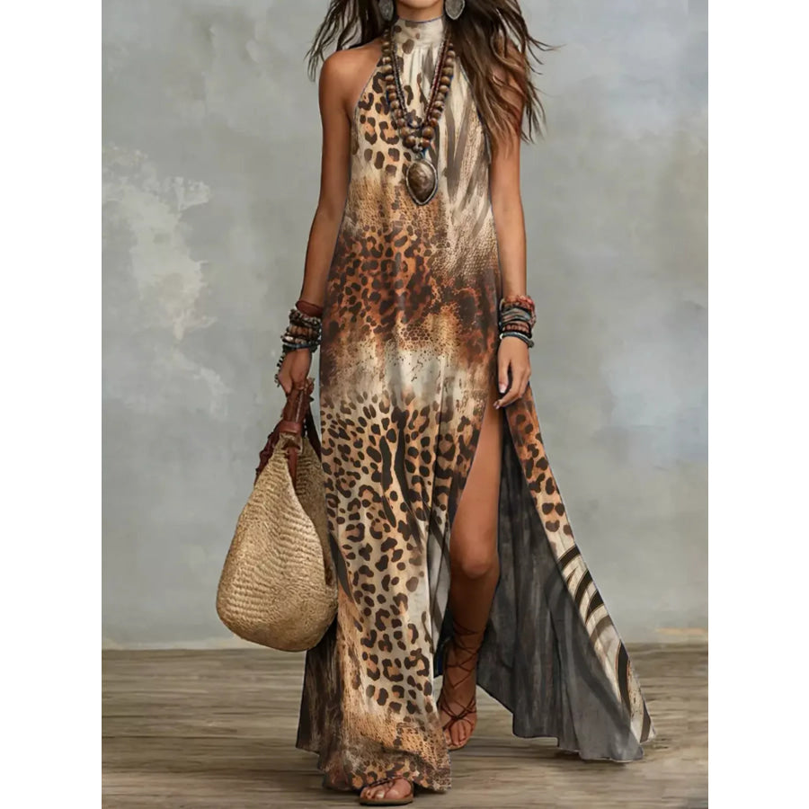 Slit Printed Sleeveless Maxi Dress Leopard / S Apparel and Accessories