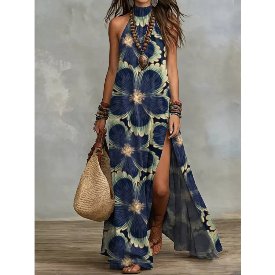 Slit Printed Sleeveless Maxi Dress Navy Blue / S Apparel and Accessories