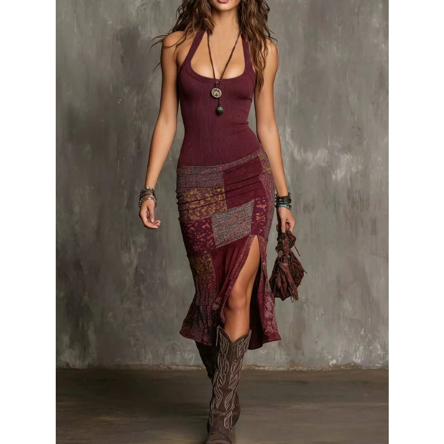 Slit Printed Sleeveless Midi Dress Apparel and Accessories