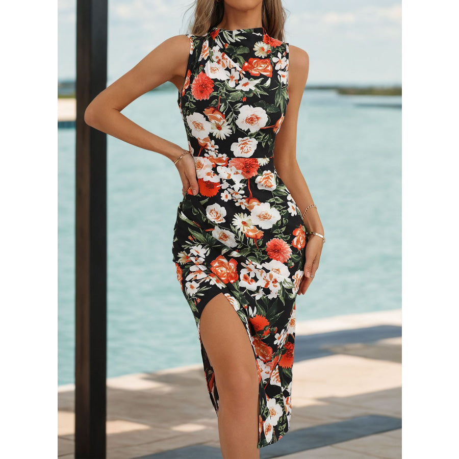 Slit Printed Sleeveless Midi Dress Apparel and Accessories