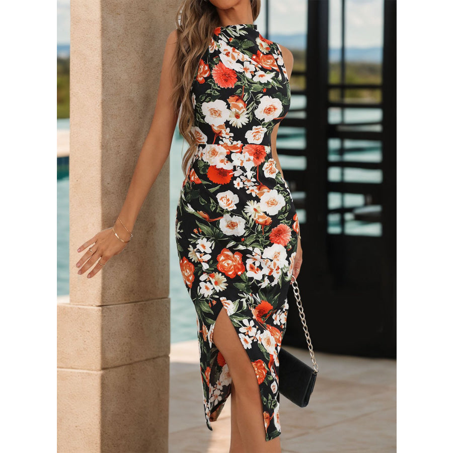 Slit Printed Sleeveless Midi Dress Black / S Apparel and Accessories