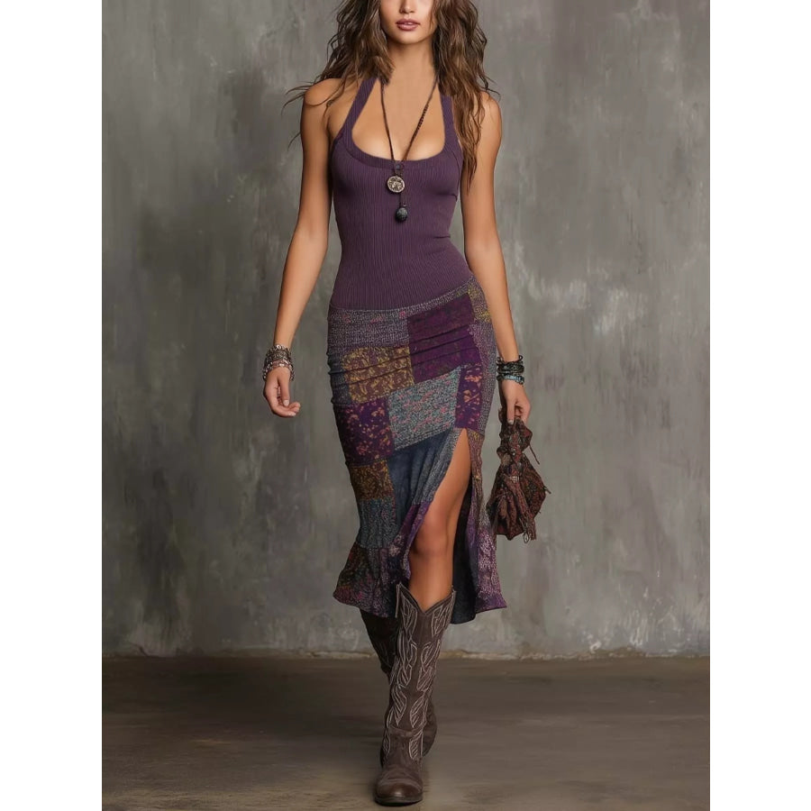 Slit Printed Sleeveless Midi Dress Plum Purple / S Apparel and Accessories