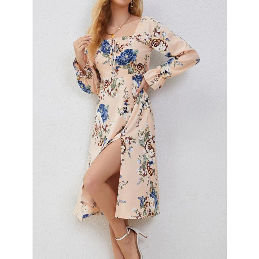 Slit Printed Square Neck Flounce Sleeve Dress Apparel and Accessories