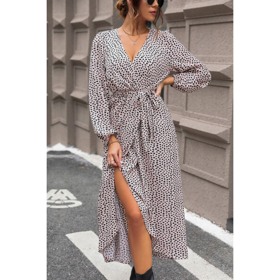 Slit Printed Surplice Balloon Sleeve Dress Clothing