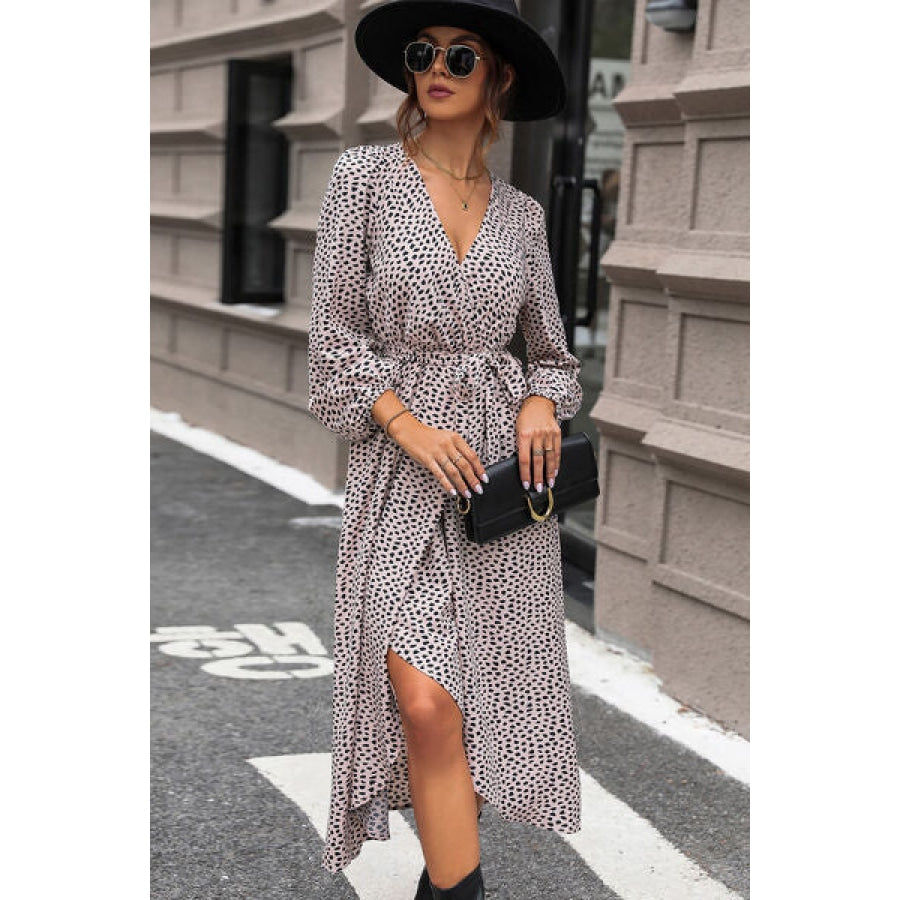 Slit Printed Surplice Balloon Sleeve Dress Clothing