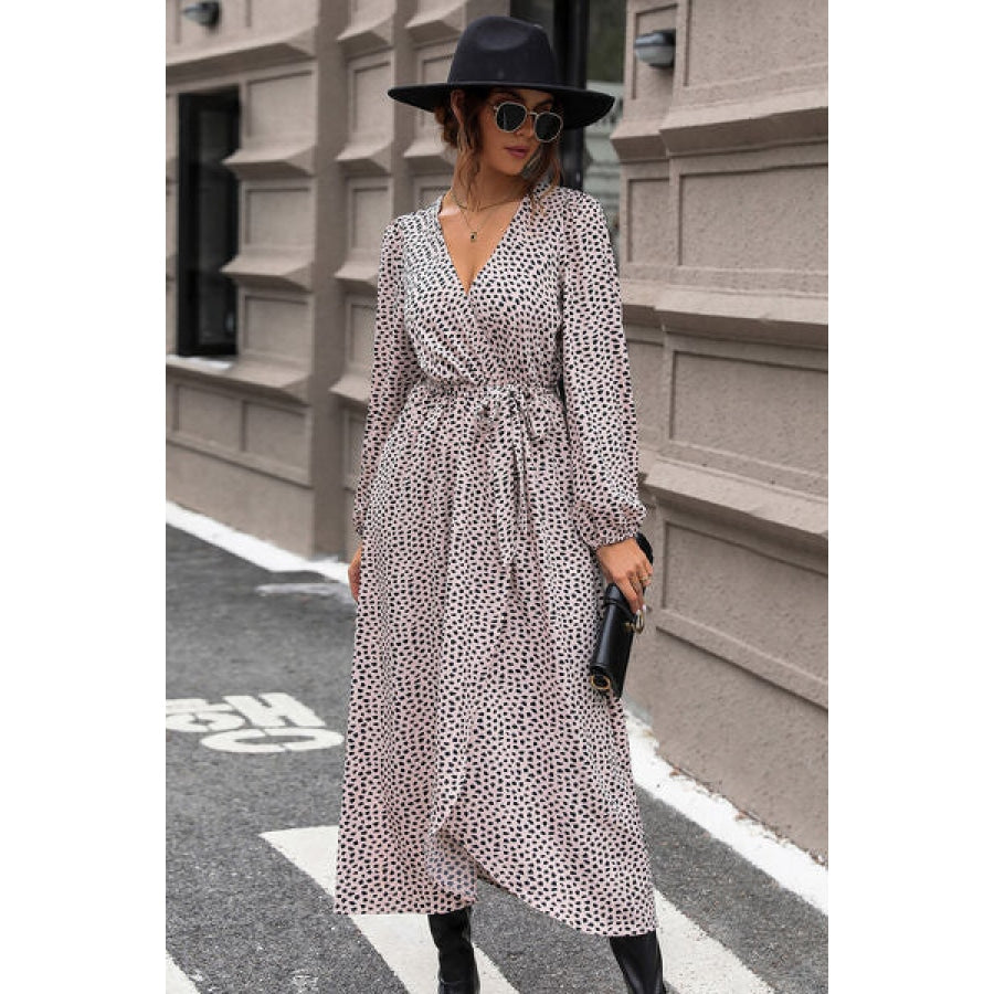 Slit Printed Surplice Balloon Sleeve Dress Clothing