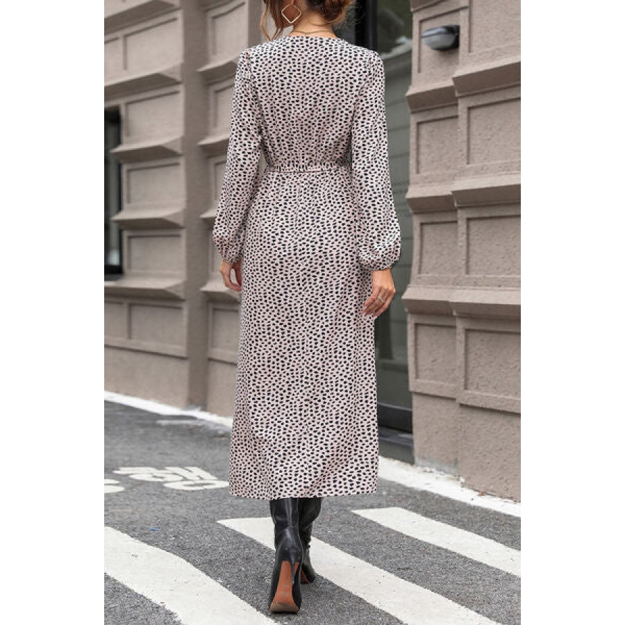 Slit Printed Surplice Balloon Sleeve Dress Clothing