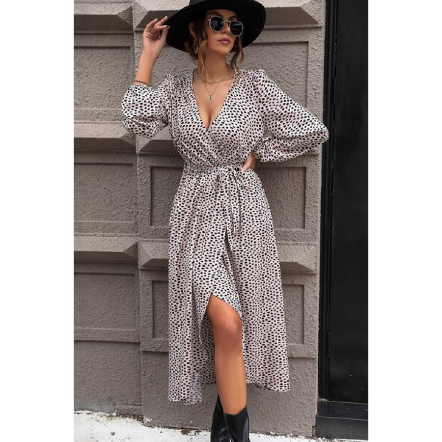 Slit Printed Surplice Balloon Sleeve Dress Mocha / S Clothing