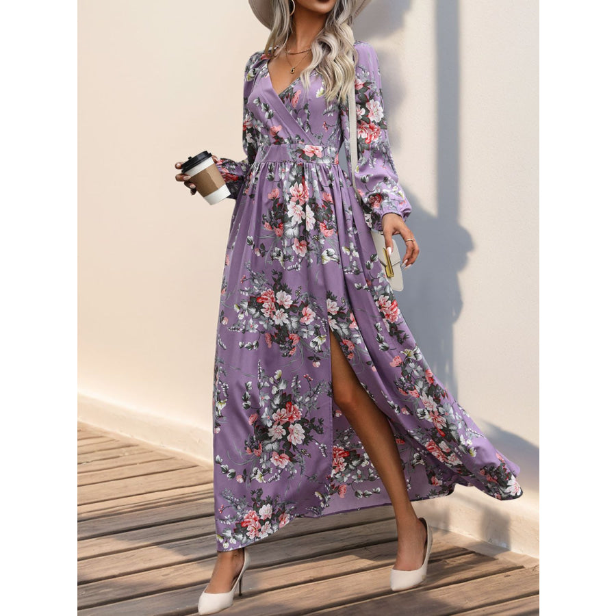 Slit Printed Surplice Long Sleeve Maxi Dress Apparel and Accessories