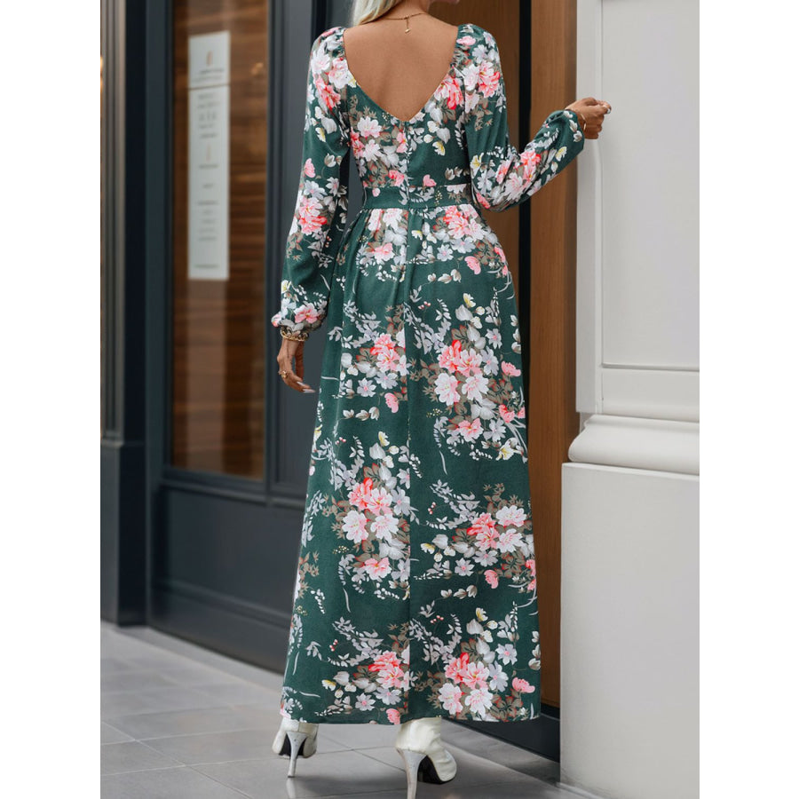 Slit Printed Surplice Long Sleeve Maxi Dress Apparel and Accessories