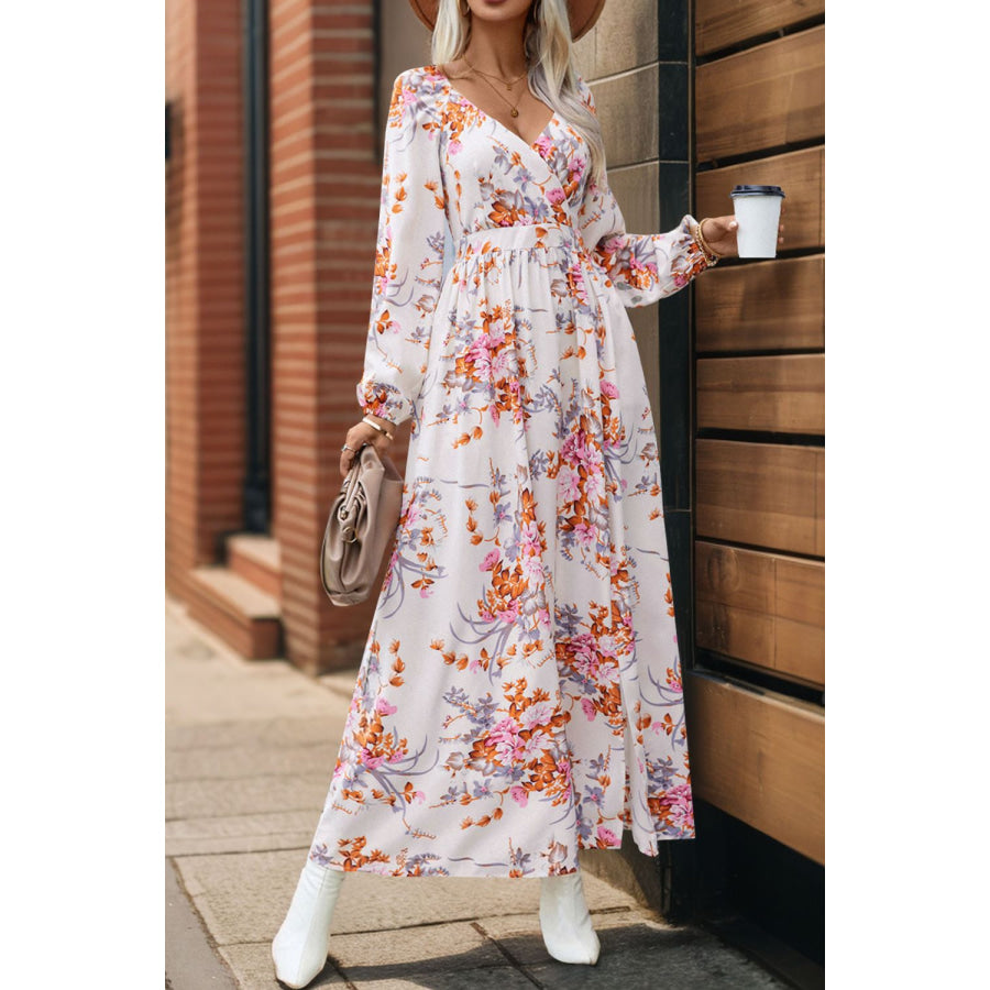 Slit Printed Surplice Long Sleeve Maxi Dress Apparel and Accessories