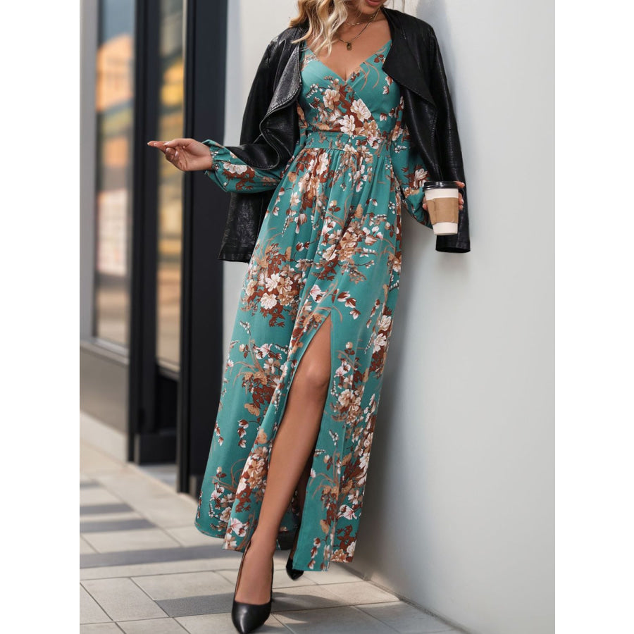 Slit Printed Surplice Long Sleeve Maxi Dress Apparel and Accessories