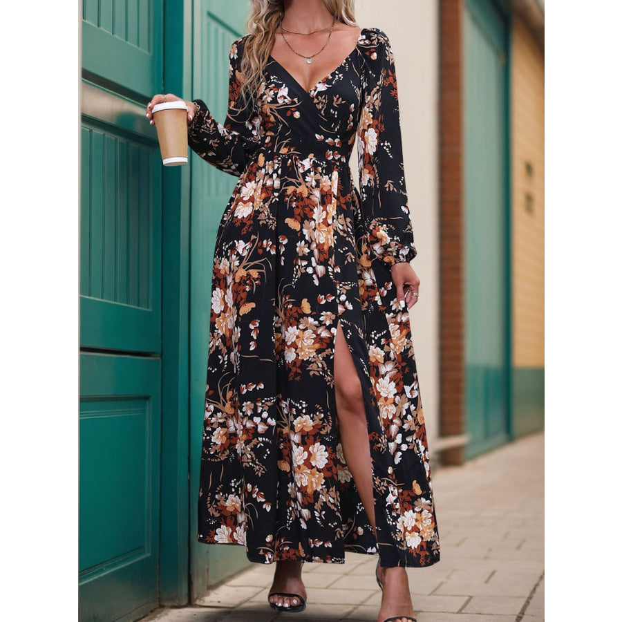 Slit Printed Surplice Long Sleeve Maxi Dress Apparel and Accessories