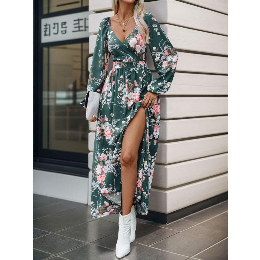 Slit Printed Surplice Long Sleeve Maxi Dress Apparel and Accessories