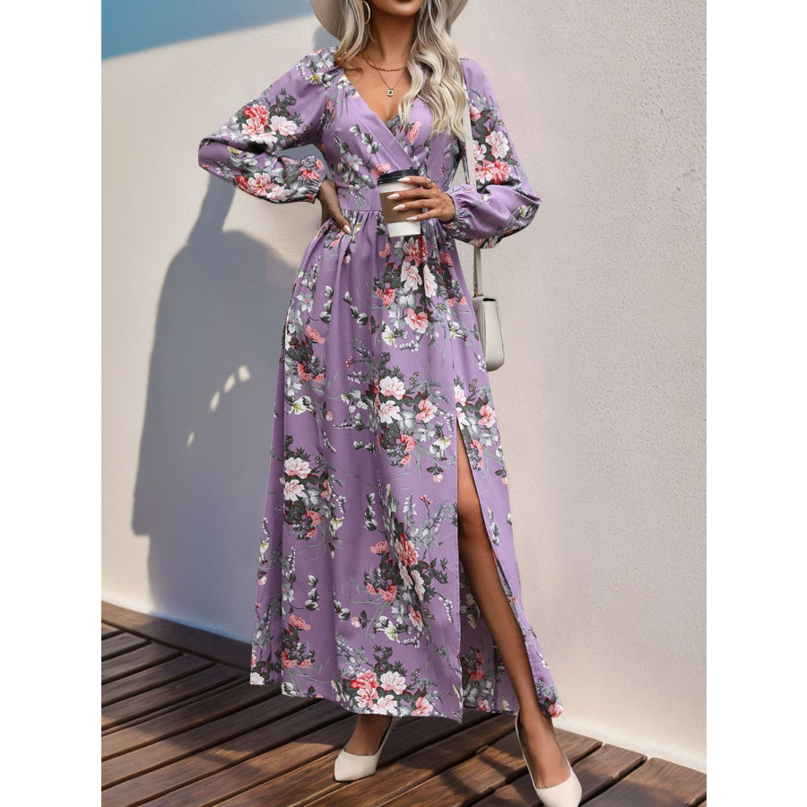 Slit Printed Surplice Long Sleeve Maxi Dress Lavender / S Apparel and Accessories